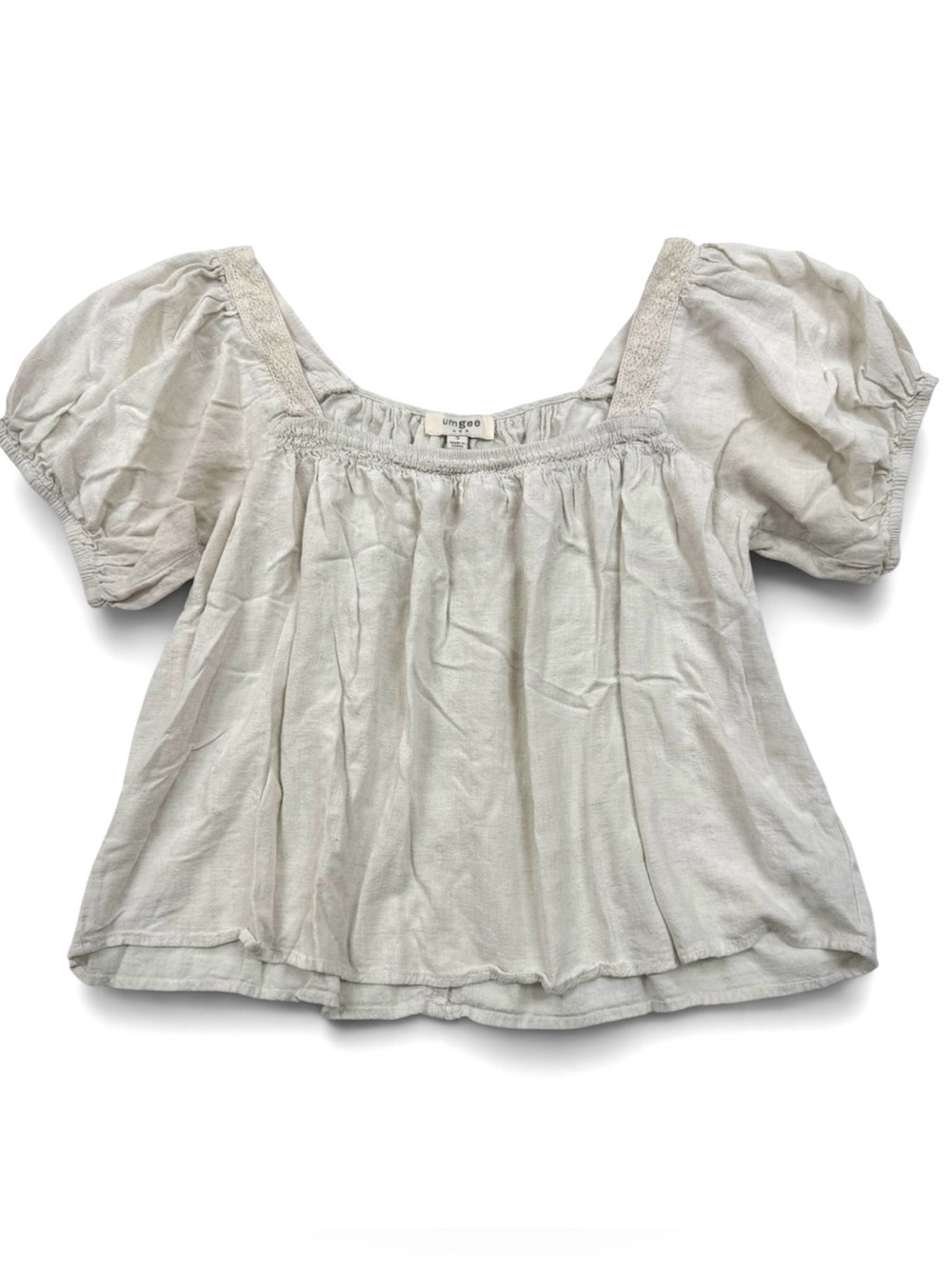 Umgee Women’s Small Ivory Linen Blend Puff Sleeve Square Neck Boho Blouse